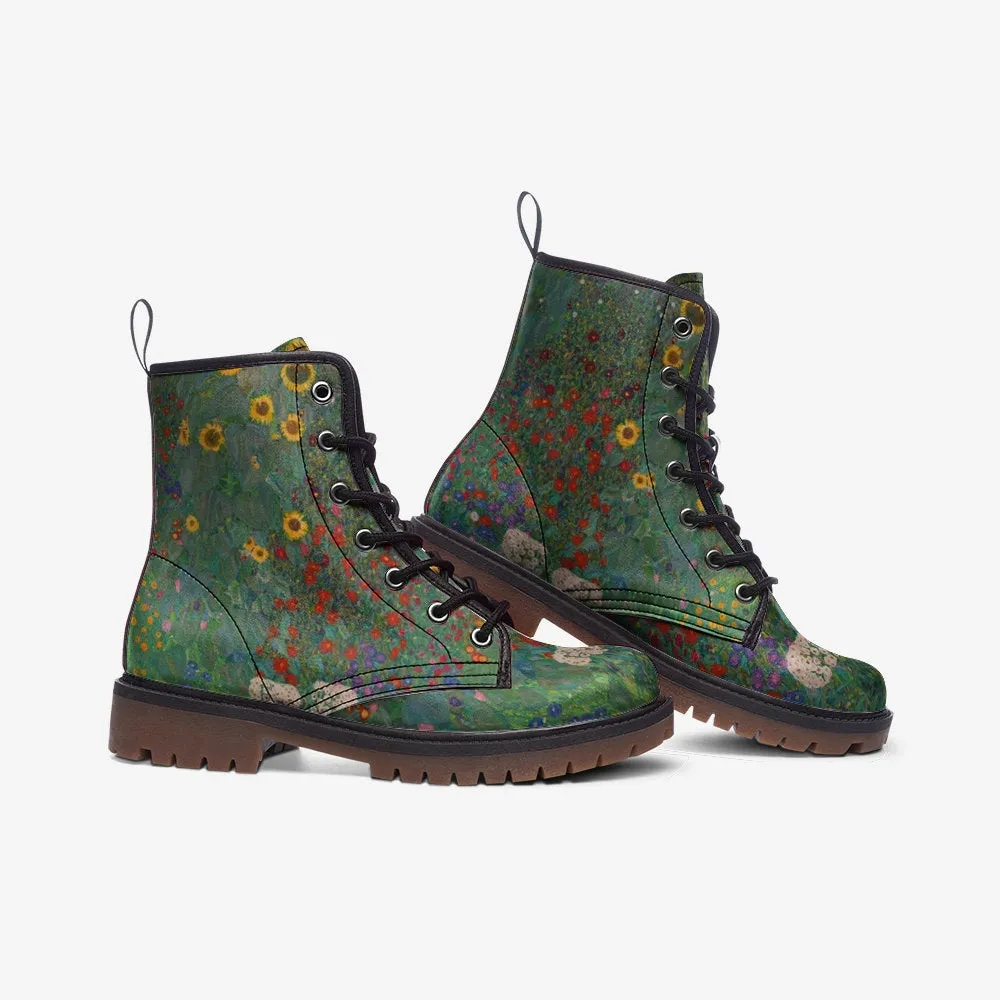 Gustav Klimt Farm Garden with Sunflowers Vegan Leather Unisex Boots