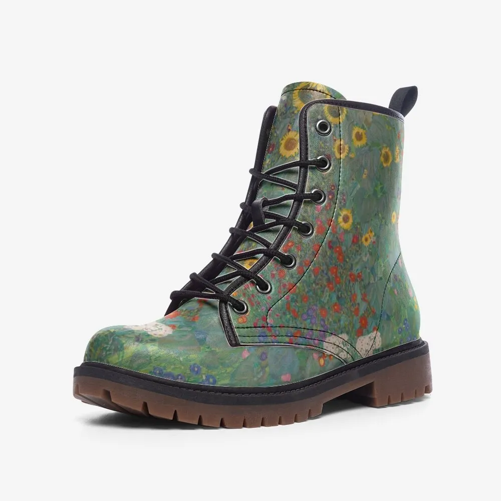 Gustav Klimt Farm Garden with Sunflowers Vegan Leather Unisex Boots