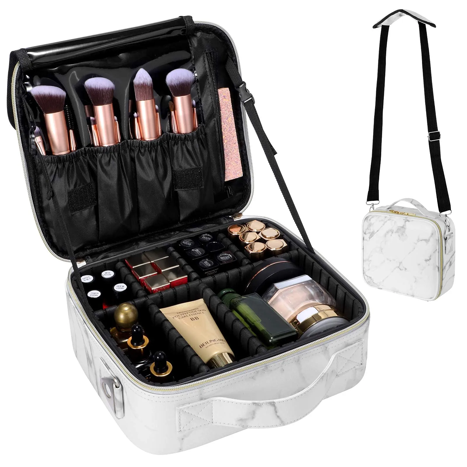 gzcz Travel Makeup Bag 10.2'' Cosmetic Bag Organizer Make up Train Case Portable Brush Artist Storage bag with Adjustable Dividers and shoulder strap for Make up Accessories (Marble White)