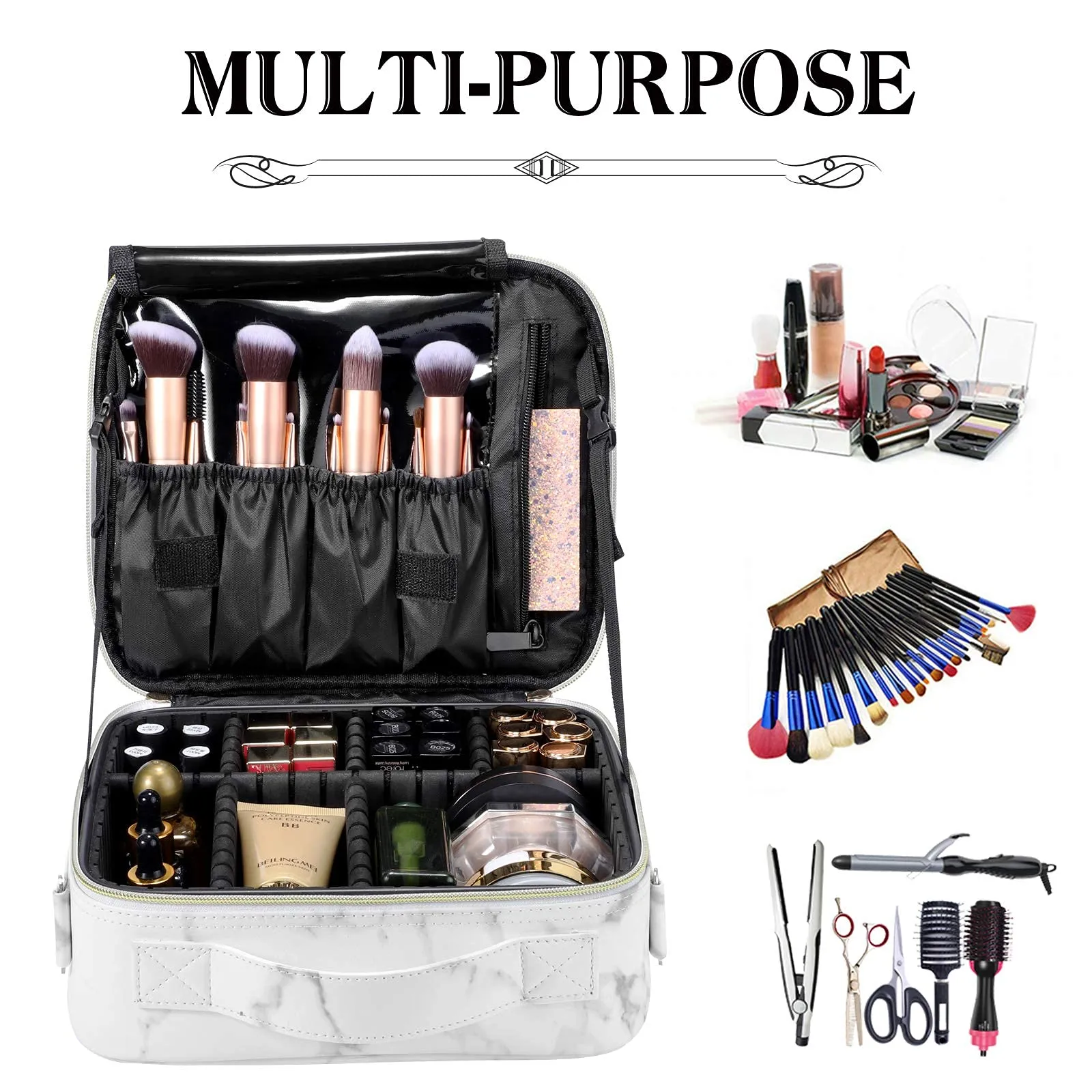 gzcz Travel Makeup Bag 10.2'' Cosmetic Bag Organizer Make up Train Case Portable Brush Artist Storage bag with Adjustable Dividers and shoulder strap for Make up Accessories (Marble White)
