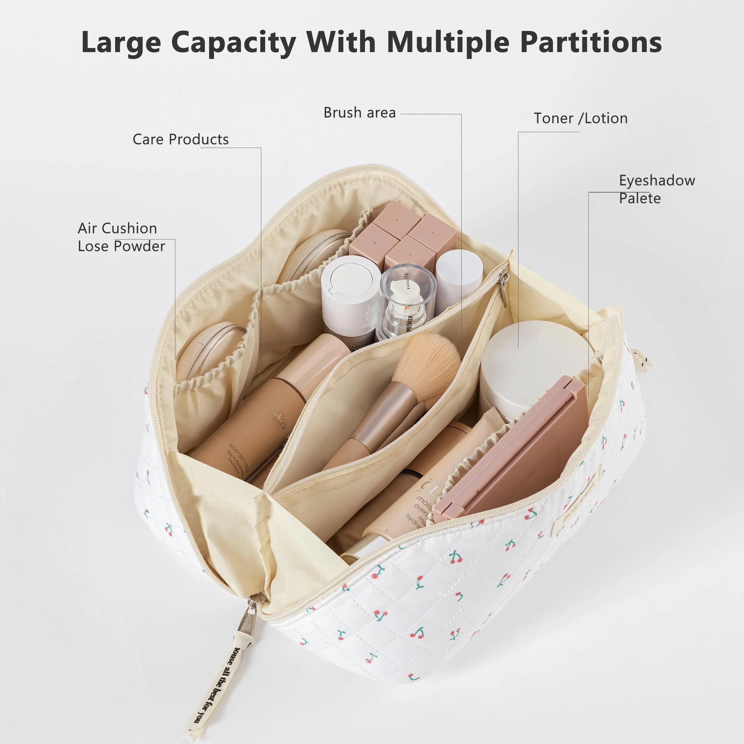 HBselect Quilted Makeup Bag, 3PCS Cotton Large Travel Makeup Bag, Cute Floral Coquette Make up Bag Cosmetic Bag Toiletry Bag for Women Girls