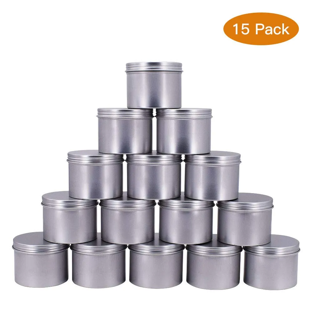 Healthcom 15 Pack of 4 oz Screw Top Steel Tins Round Tin Cans Aroma Hair Wax Cosmetic Cream Make Up Pot Tea Tin Case Container(120g)