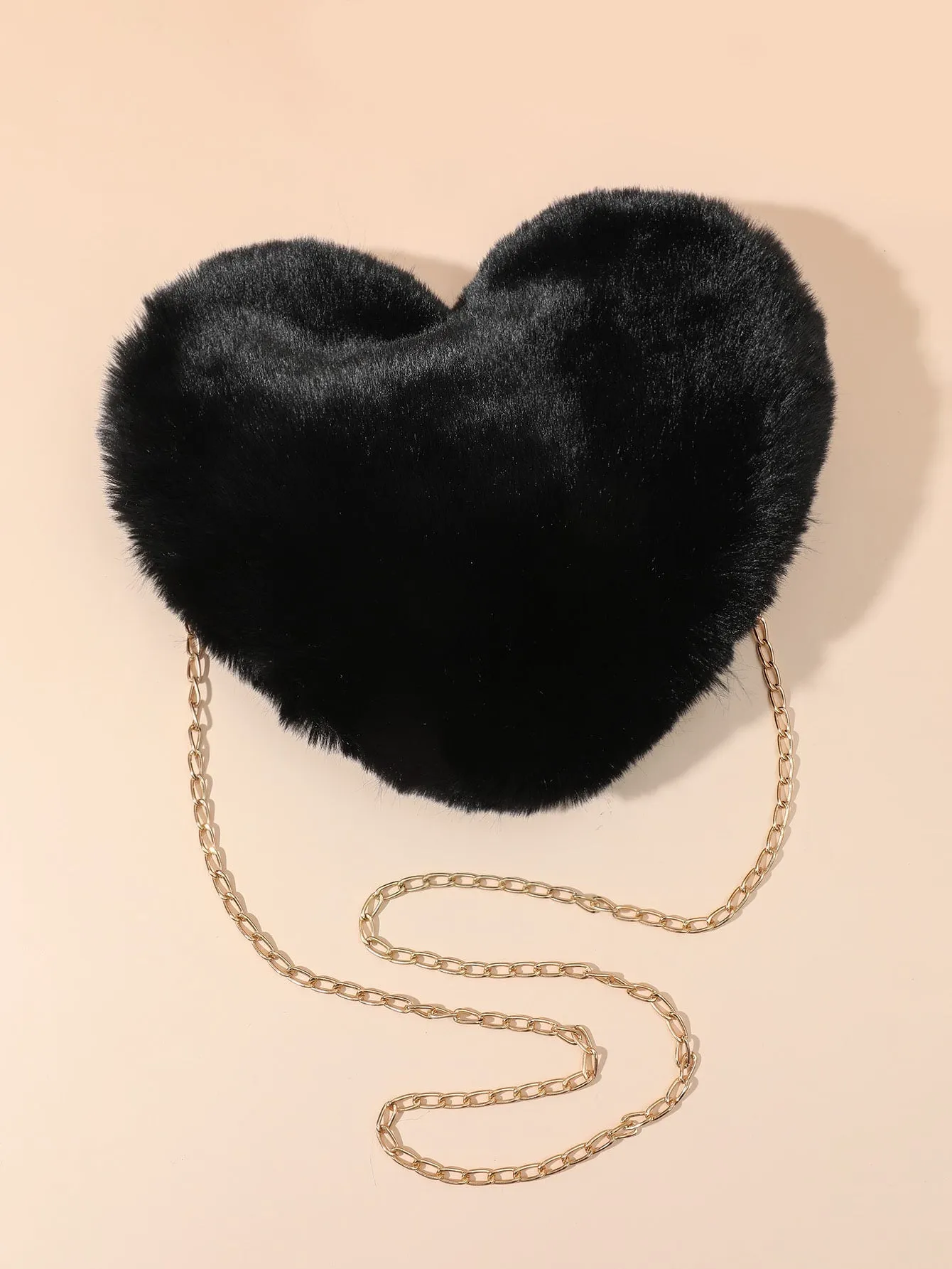 Heart-Shaped Fluffy Crossbody Bag with Chain - Black