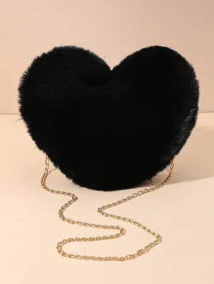 Heart-Shaped Fluffy Crossbody Bag with Chain - Black