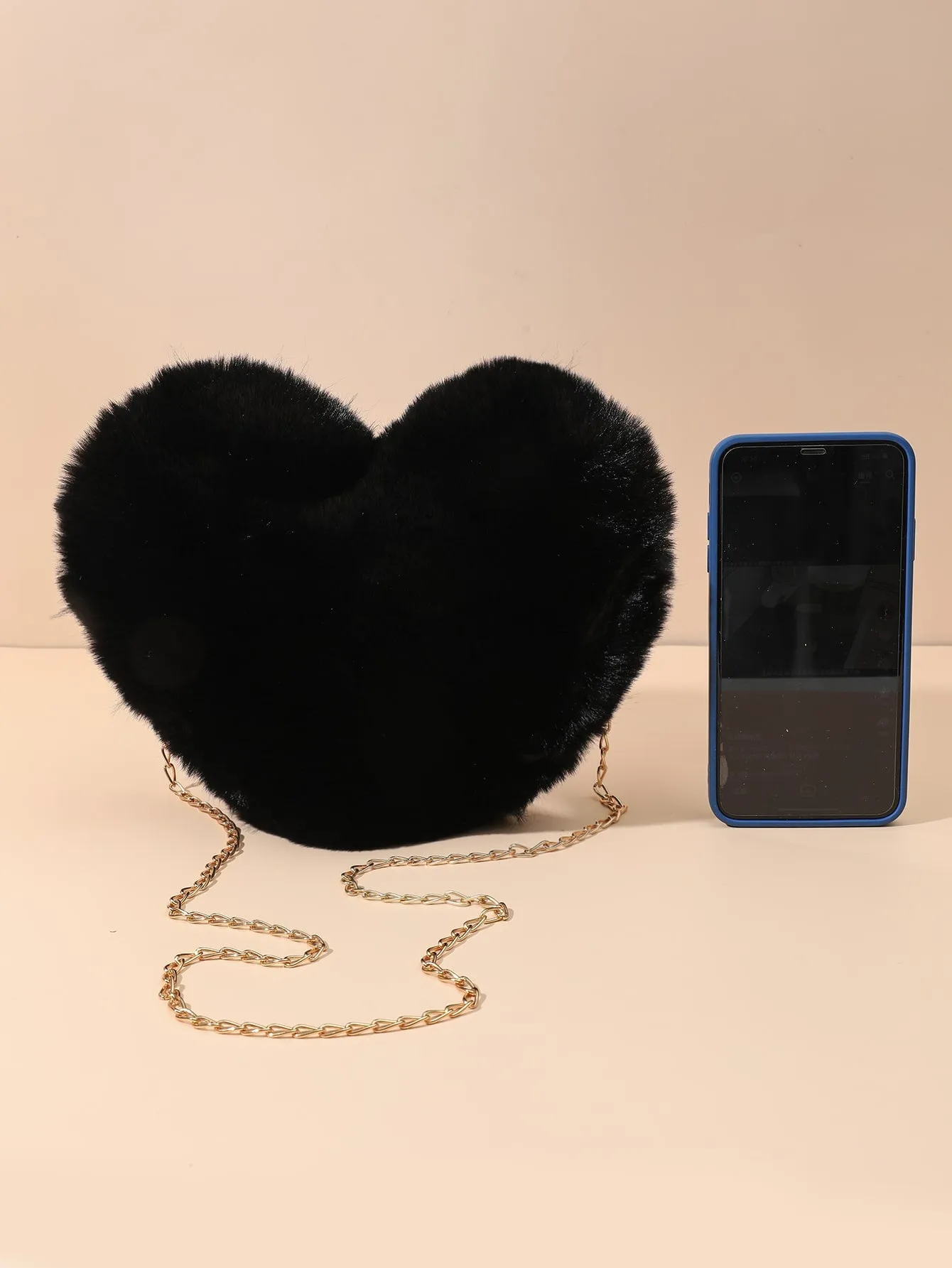Heart-Shaped Fluffy Crossbody Bag with Chain - Black