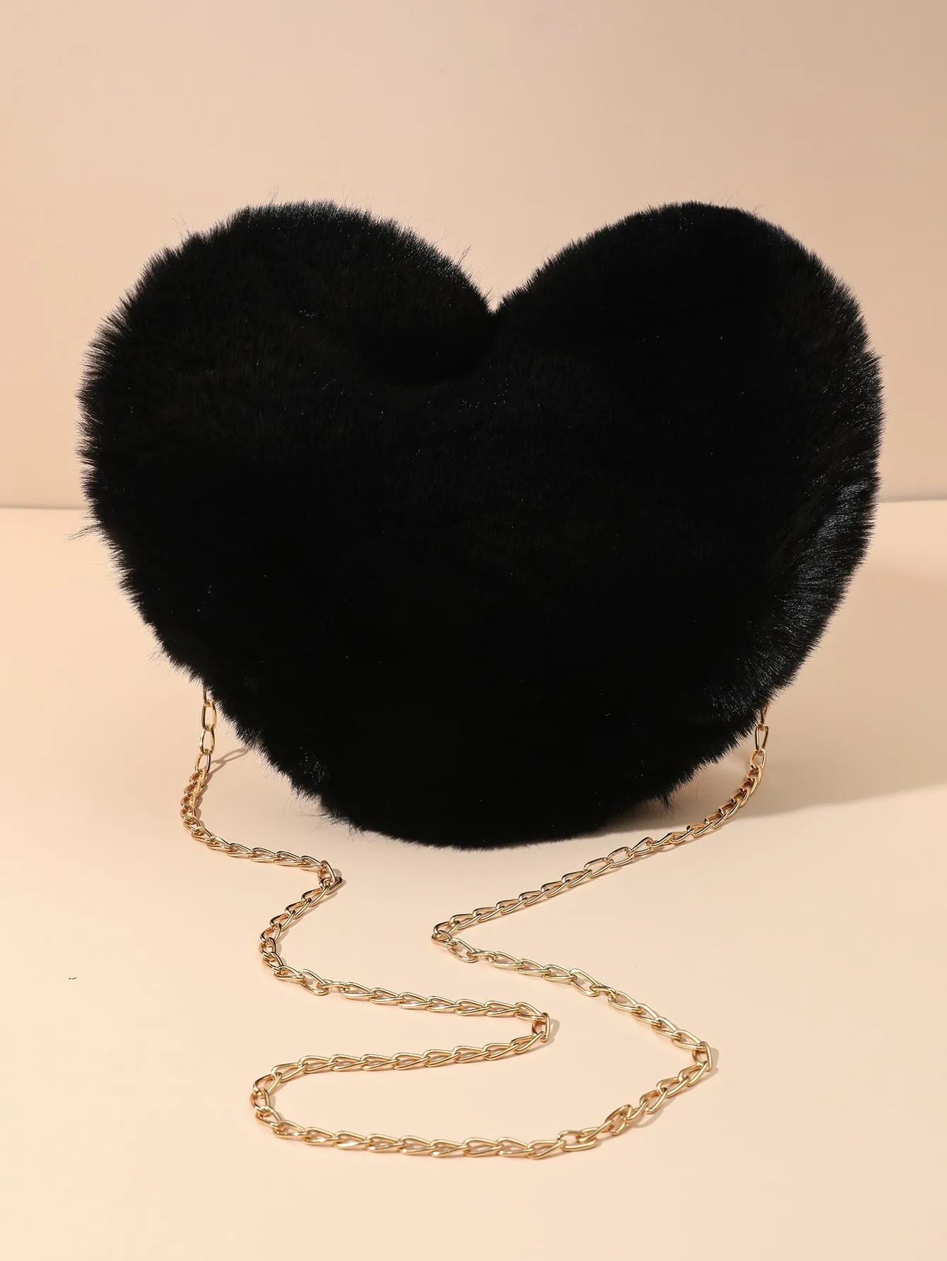 Heart-Shaped Fluffy Crossbody Bag with Chain - Black