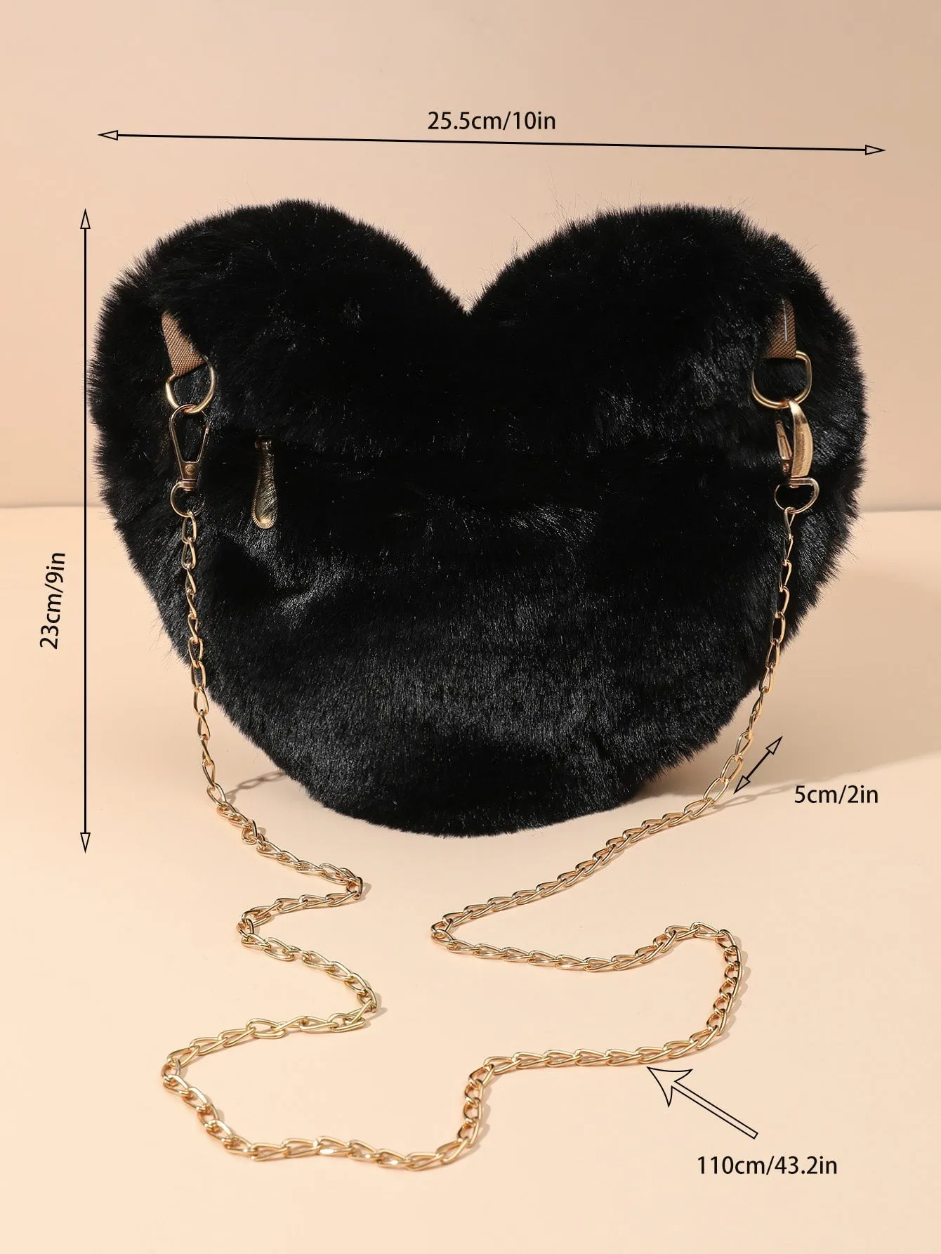 Heart-Shaped Fluffy Crossbody Bag with Chain - Black