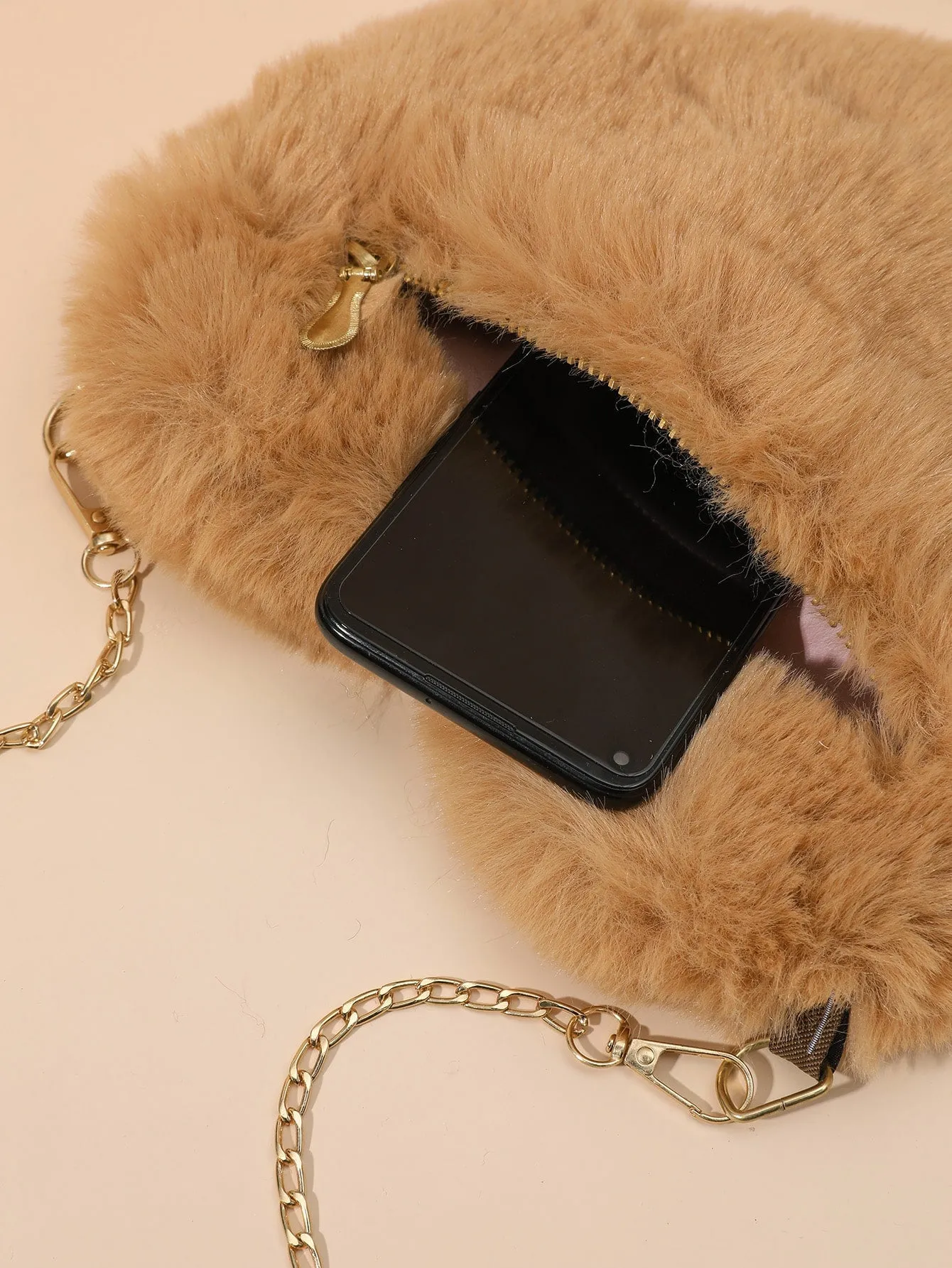 Heart-Shaped Fluffy Crossbody Bag with Chain - Coffee Brown