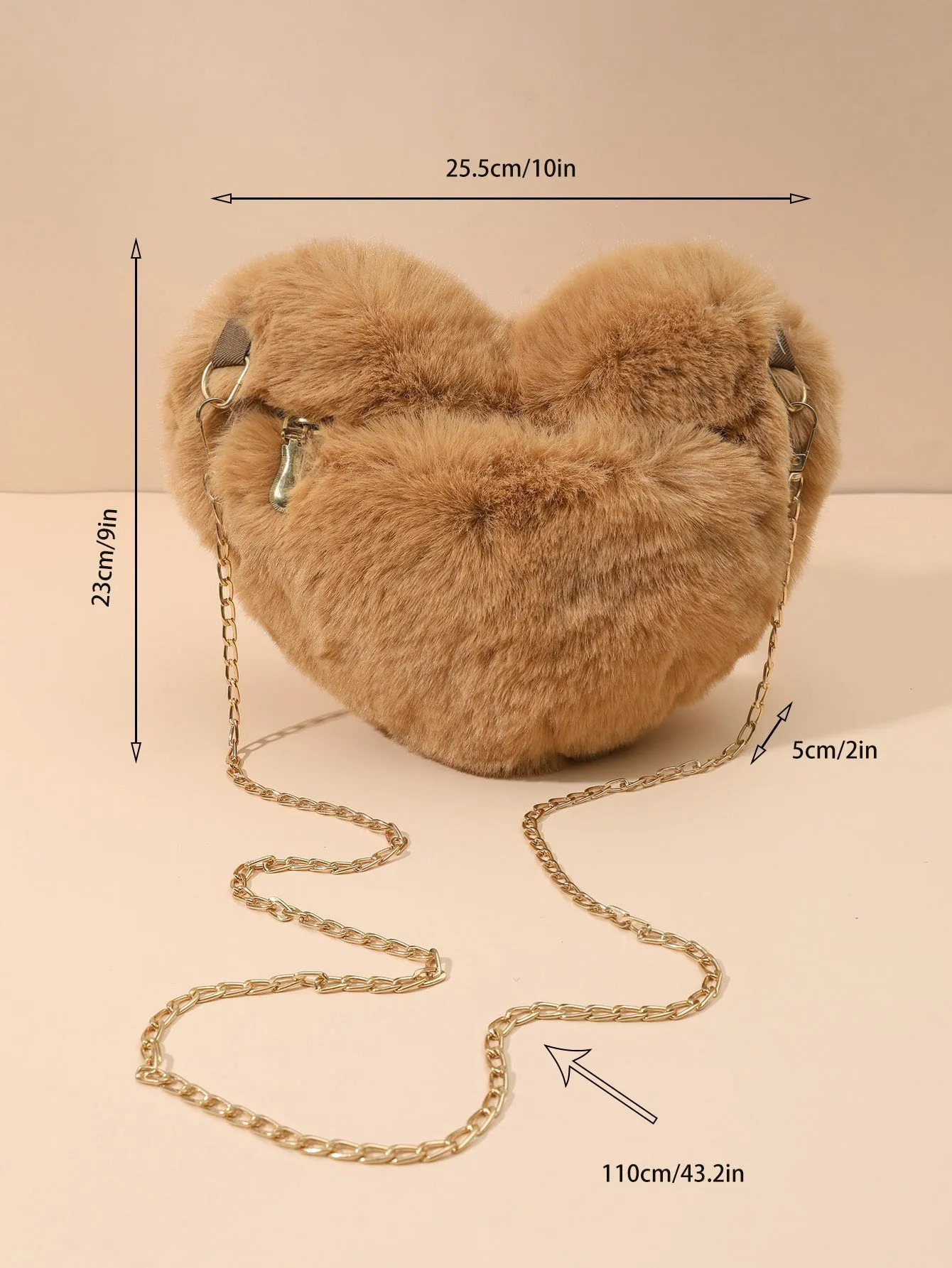 Heart-Shaped Fluffy Crossbody Bag with Chain - Coffee Brown