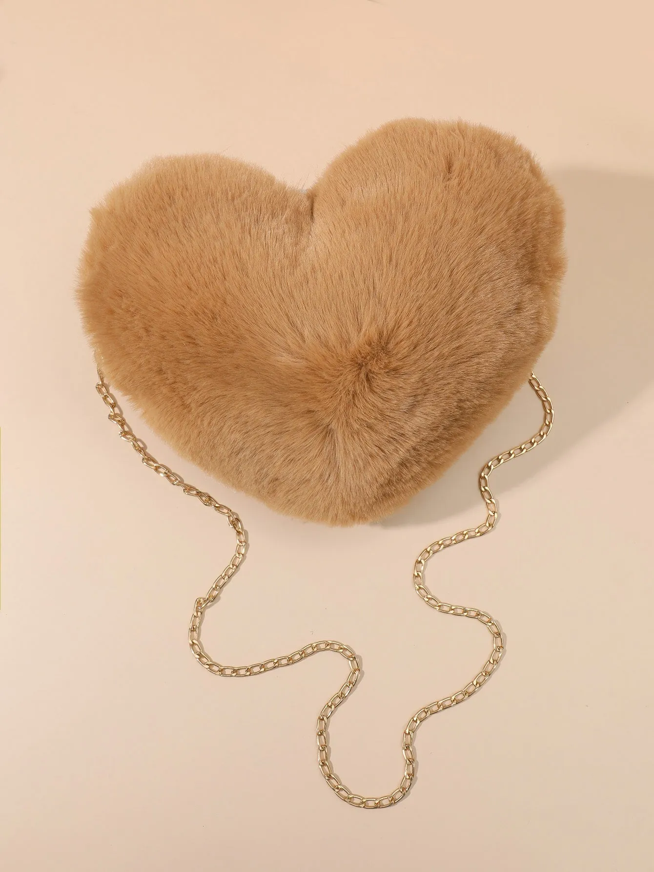 Heart-Shaped Fluffy Crossbody Bag with Chain - Coffee Brown