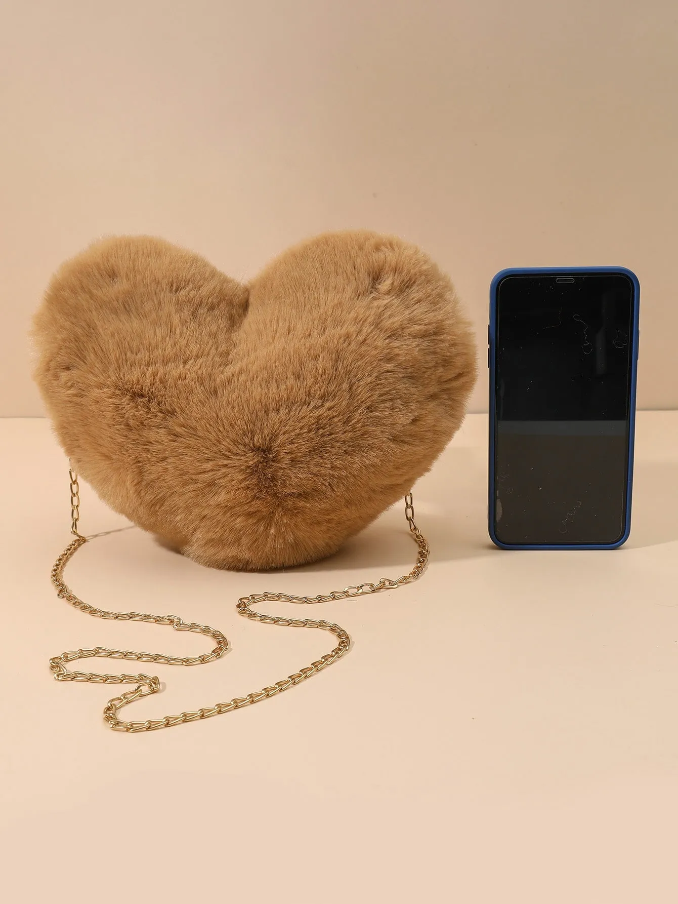 Heart-Shaped Fluffy Crossbody Bag with Chain - Coffee Brown