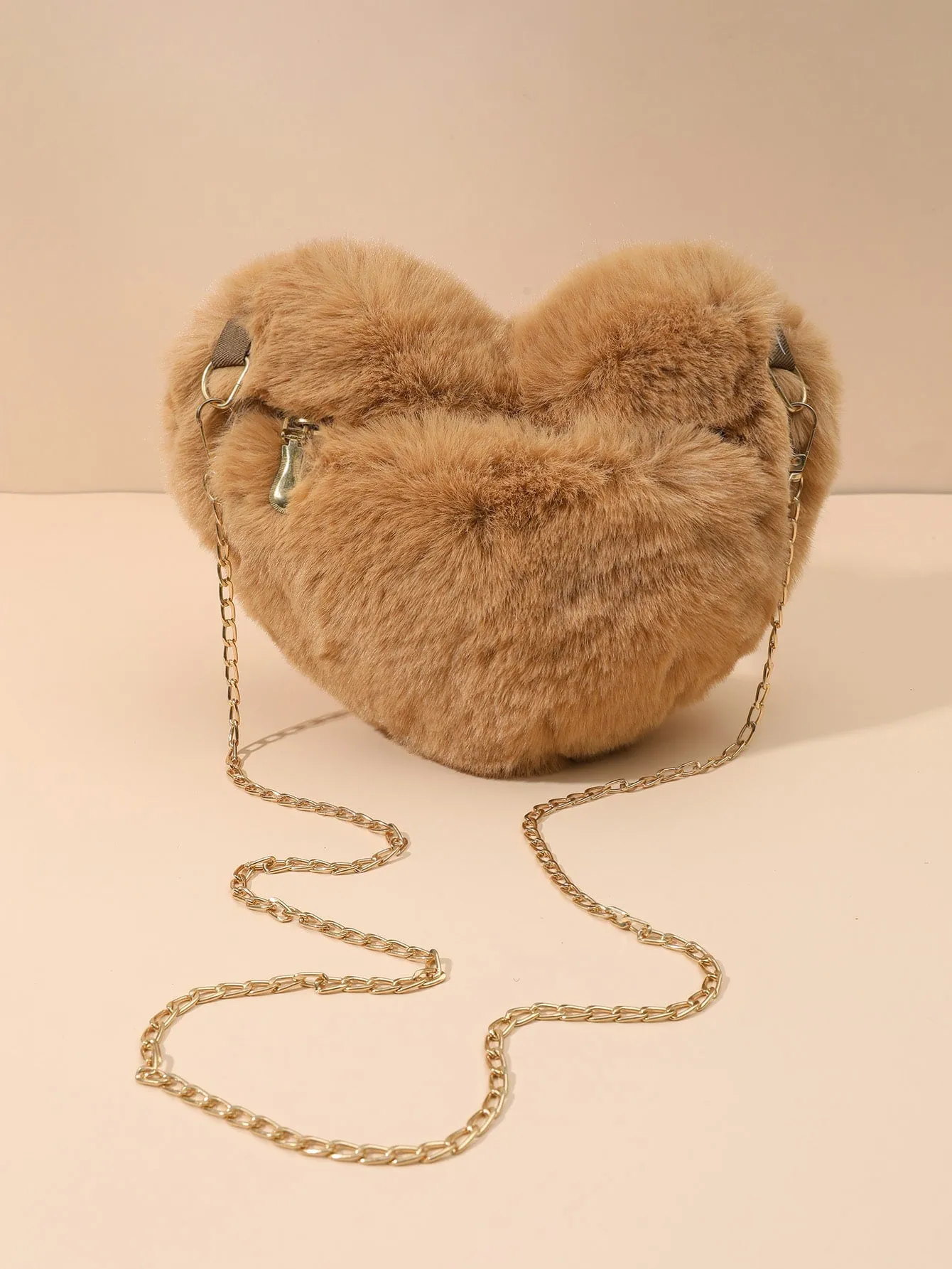Heart-Shaped Fluffy Crossbody Bag with Chain - Coffee Brown