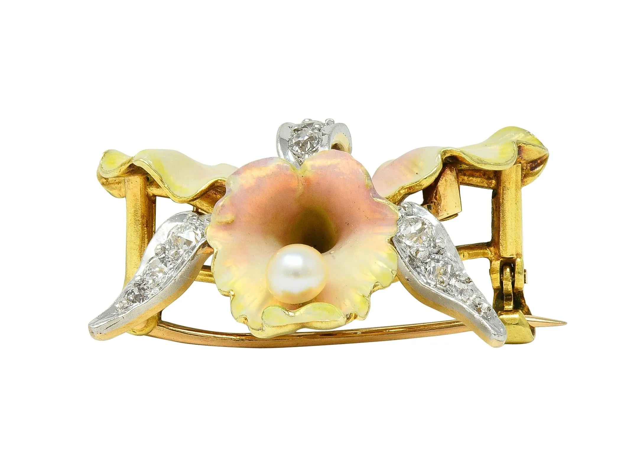 Henry Blank & Co. Art Nouveau Diamond Peal Enamel Platinum 14 Karat Gold Antique Daffodil Flower Pendant Brooch