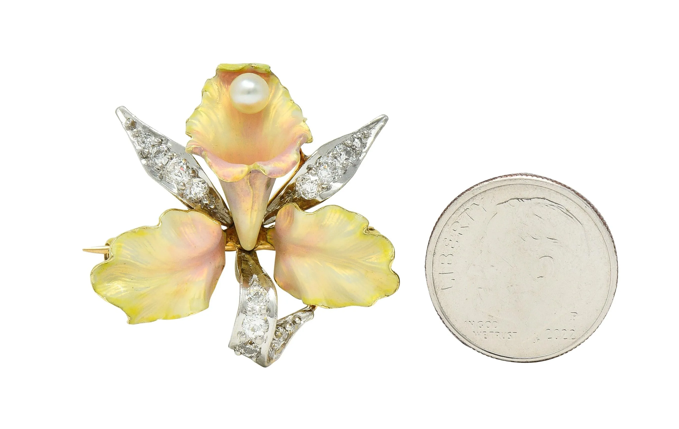 Henry Blank & Co. Art Nouveau Diamond Peal Enamel Platinum 14 Karat Gold Antique Daffodil Flower Pendant Brooch