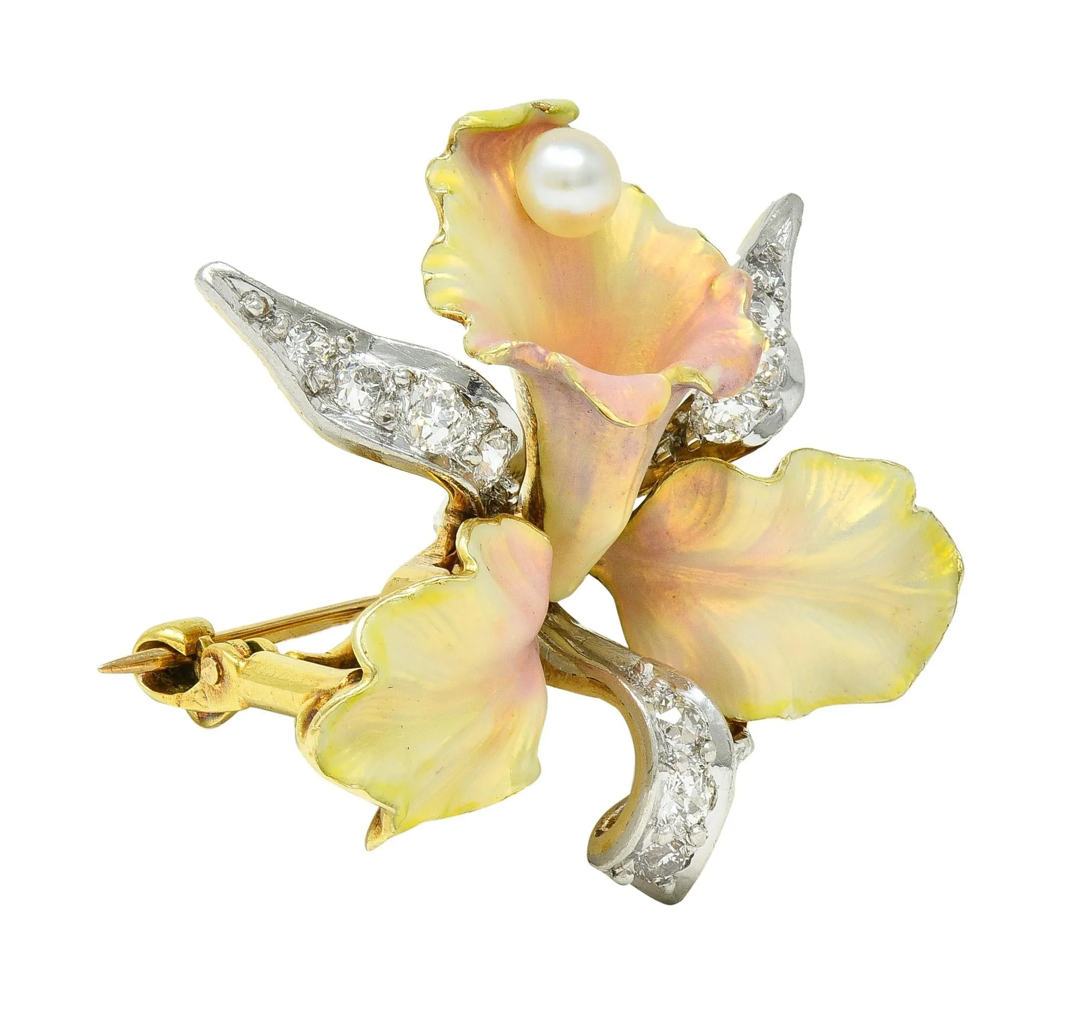 Henry Blank & Co. Art Nouveau Diamond Peal Enamel Platinum 14 Karat Gold Antique Daffodil Flower Pendant Brooch