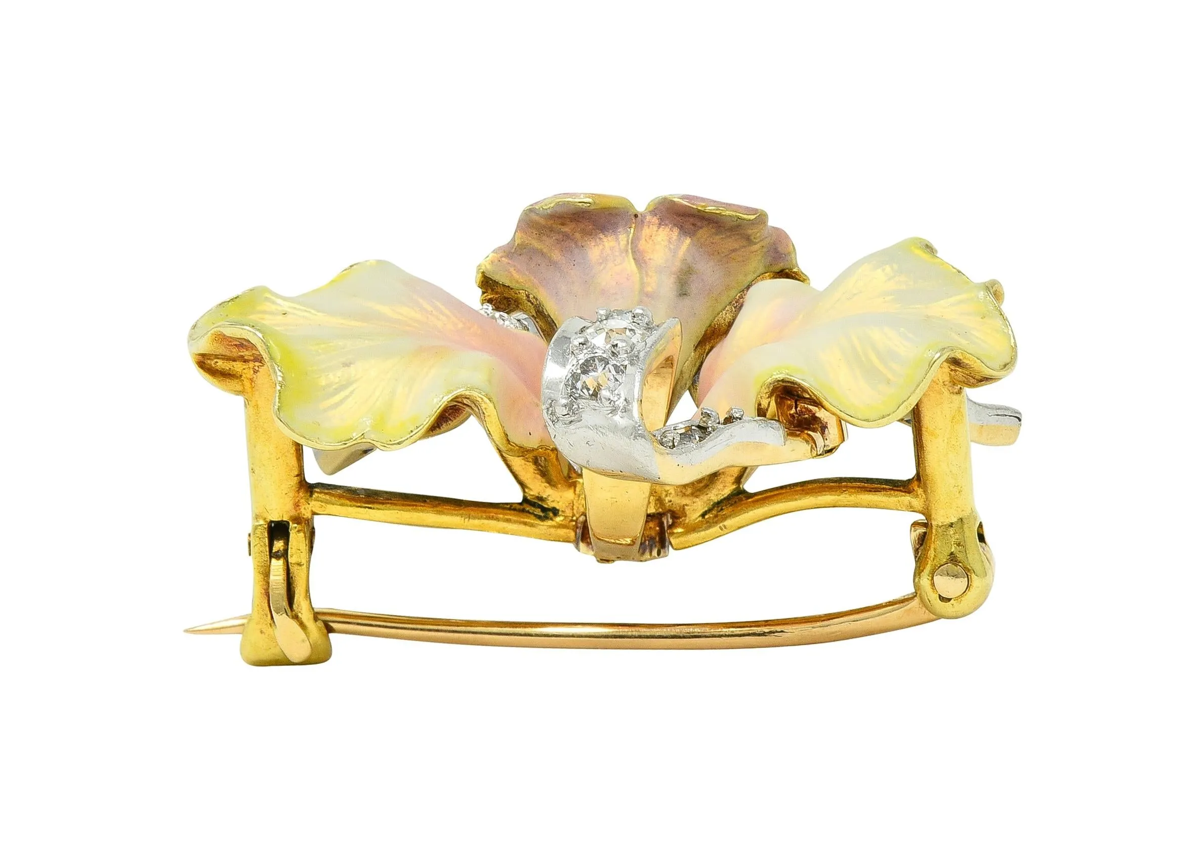 Henry Blank & Co. Art Nouveau Diamond Peal Enamel Platinum 14 Karat Gold Antique Daffodil Flower Pendant Brooch