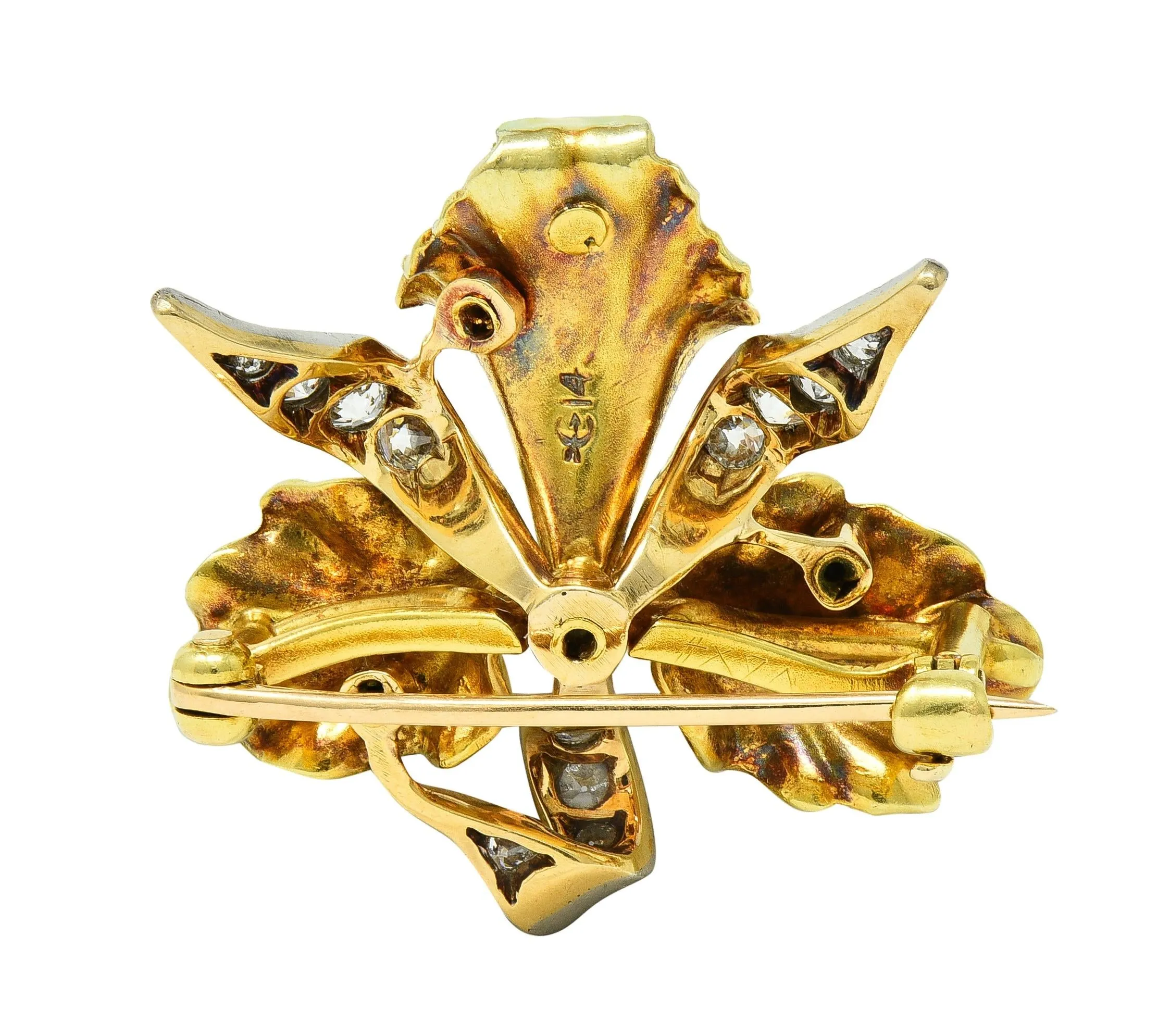Henry Blank & Co. Art Nouveau Diamond Peal Enamel Platinum 14 Karat Gold Antique Daffodil Flower Pendant Brooch