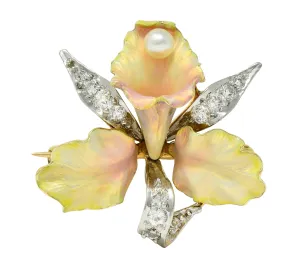 Henry Blank & Co. Art Nouveau Diamond Peal Enamel Platinum 14 Karat Gold Antique Daffodil Flower Pendant Brooch