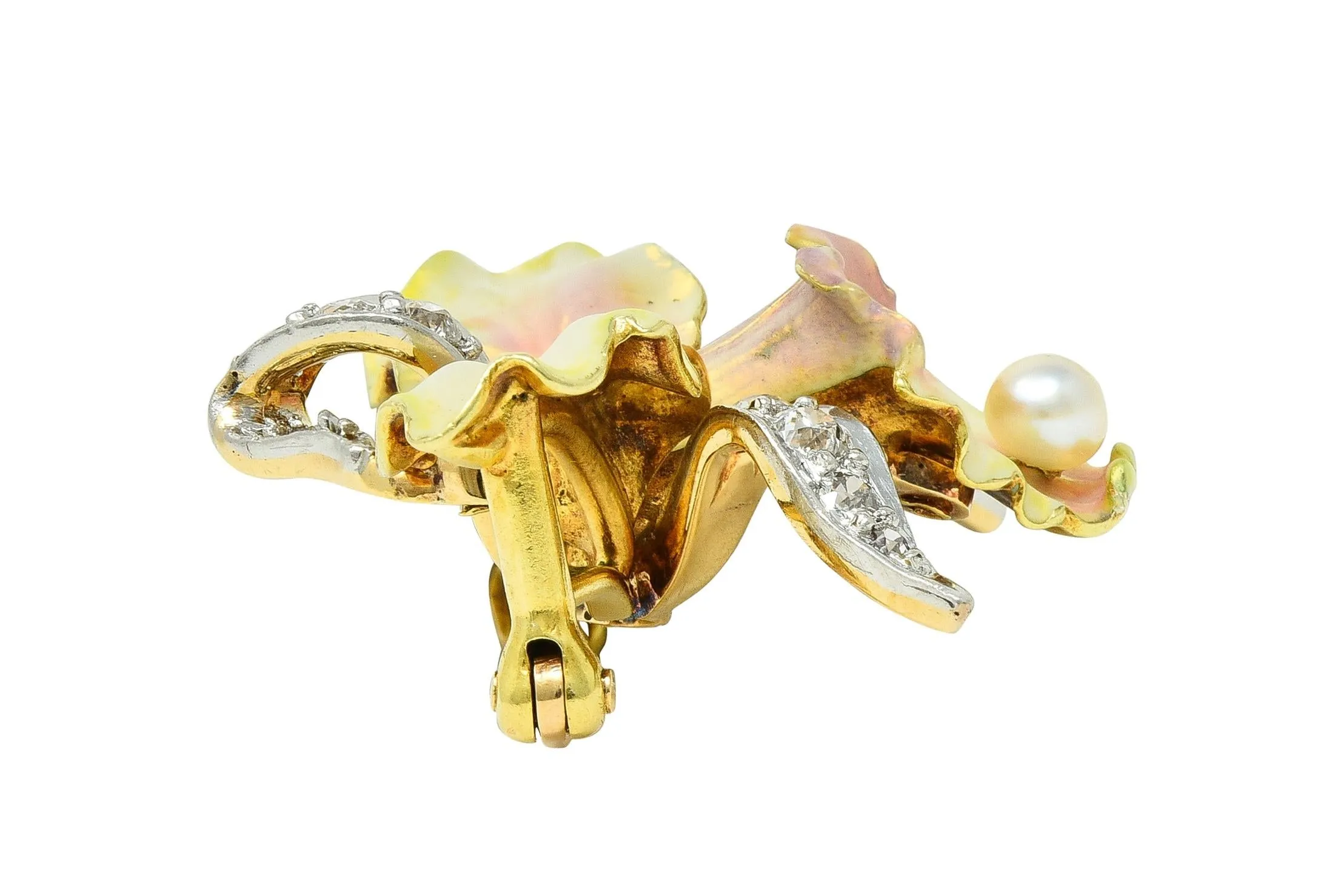 Henry Blank & Co. Art Nouveau Diamond Peal Enamel Platinum 14 Karat Gold Antique Daffodil Flower Pendant Brooch