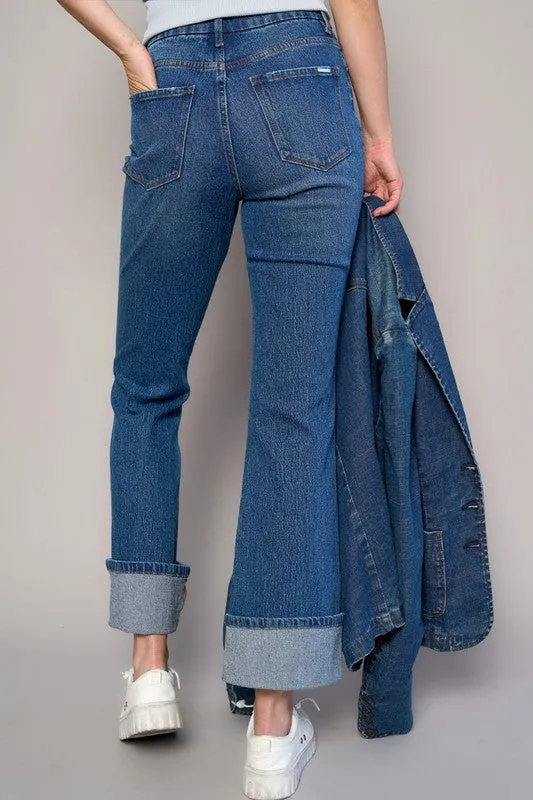 High Rise Cuffed Crop Boot Cut Jeans
