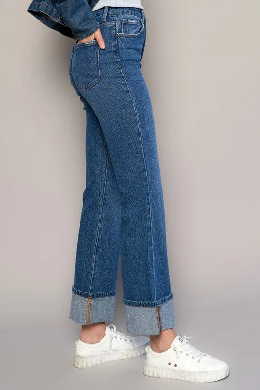 High Rise Cuffed Crop Boot Cut Jeans