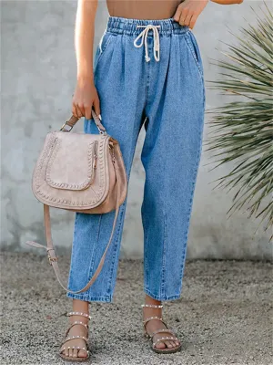 High Waist Blue Color Straight Leg Jeans