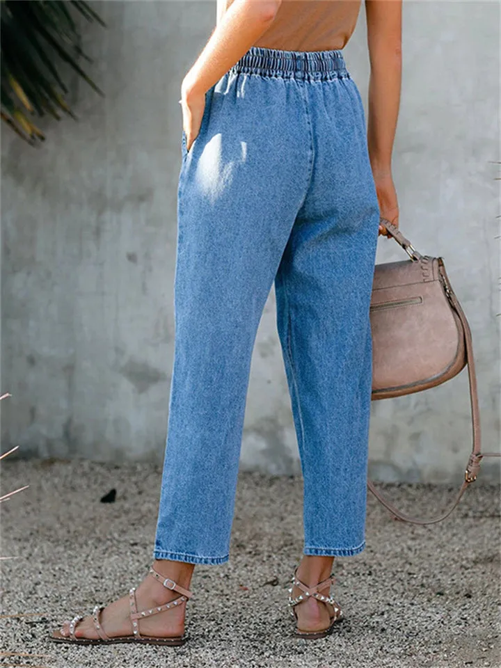 High Waist Blue Color Straight Leg Jeans
