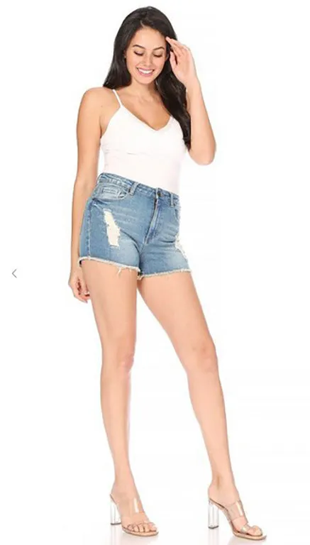 High Waist Distressed Stretch Denim Shorts