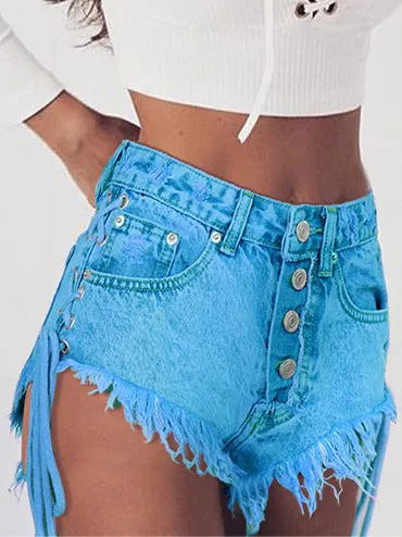 High-waisted Buckled Worn Bandage Denim Hot Shorts