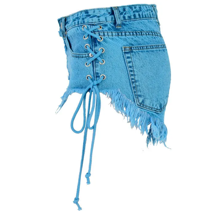 High-waisted Buckled Worn Bandage Denim Hot Shorts