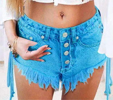 High-waisted Buckled Worn Bandage Denim Hot Shorts