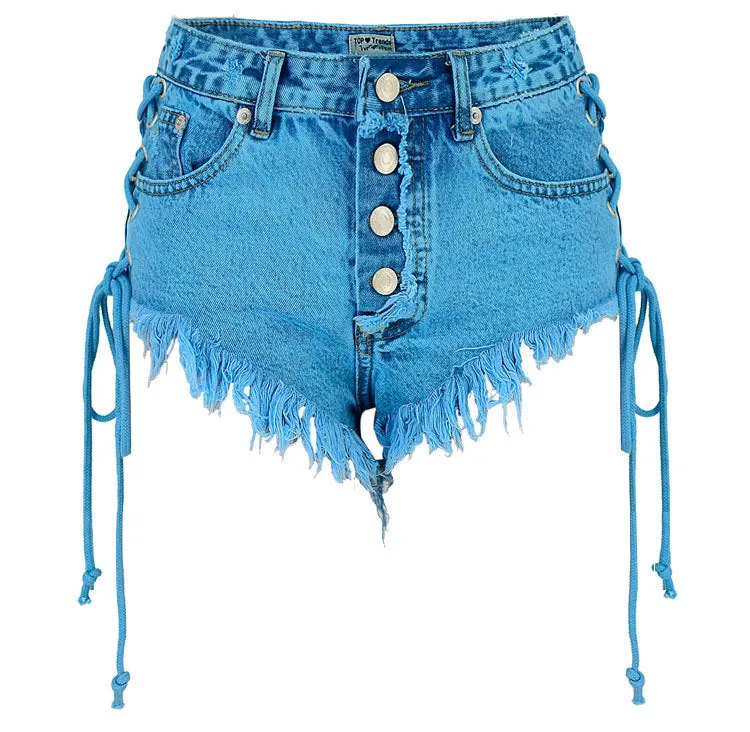 High-waisted Buckled Worn Bandage Denim Hot Shorts