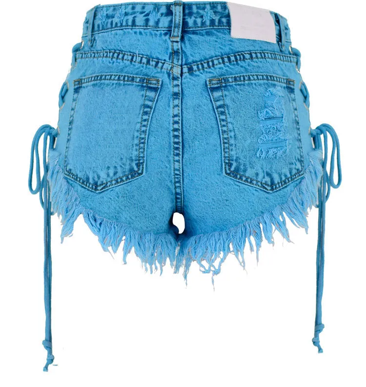 High-waisted Buckled Worn Bandage Denim Hot Shorts