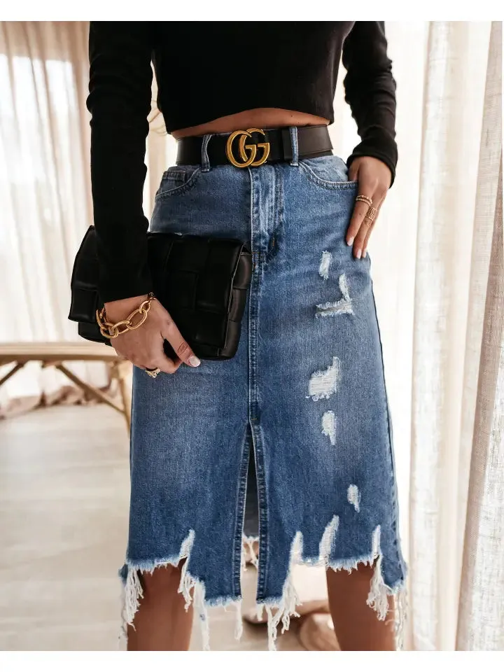 High Waisted Distressed Midi Skirt