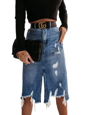 High Waisted Distressed Midi Skirt