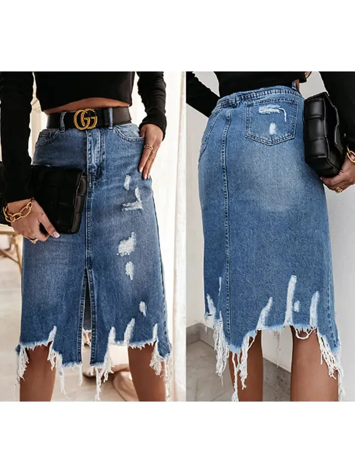 High Waisted Distressed Midi Skirt