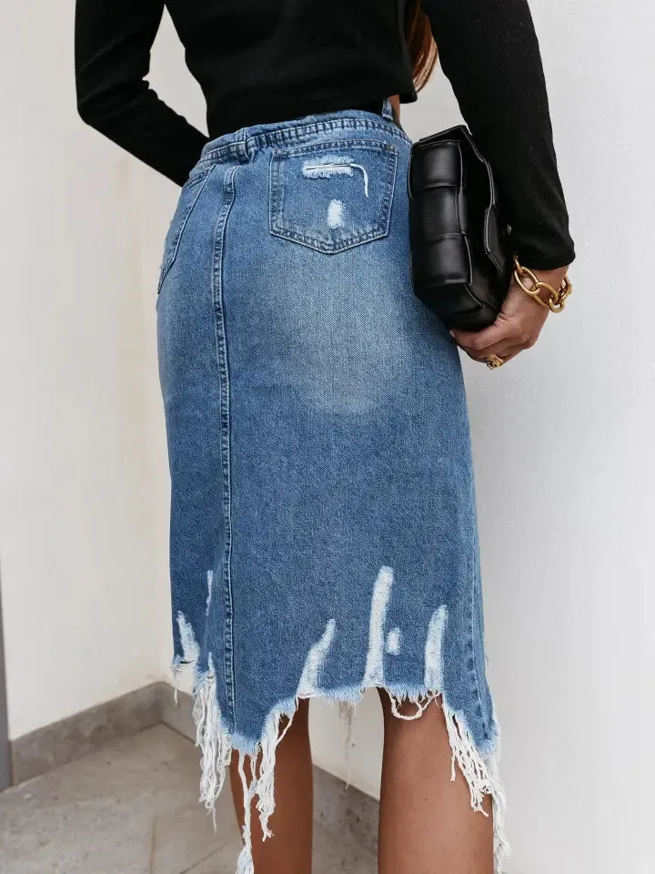 High Waisted Distressed Midi Skirt