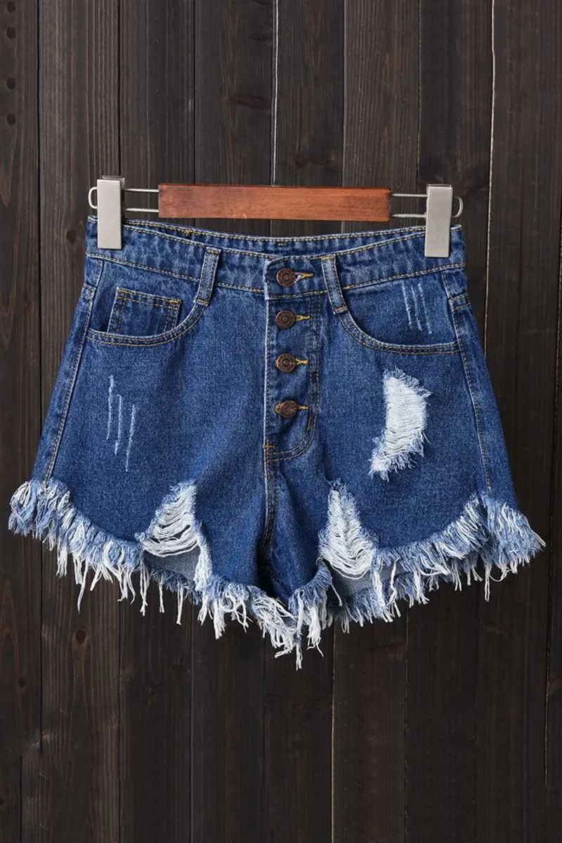 High Waisted Shredded Denim Shorts
