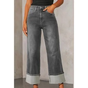 High Waisted Wide Leg Cuffed Jeans