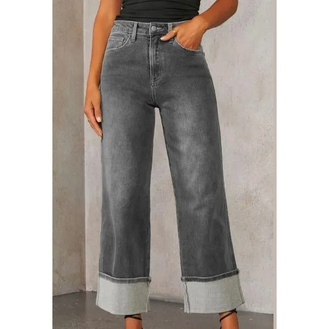 High Waisted Wide Leg Cuffed Jeans