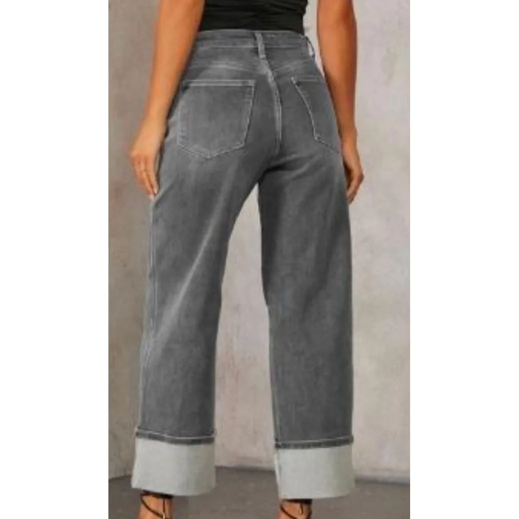 High Waisted Wide Leg Cuffed Jeans