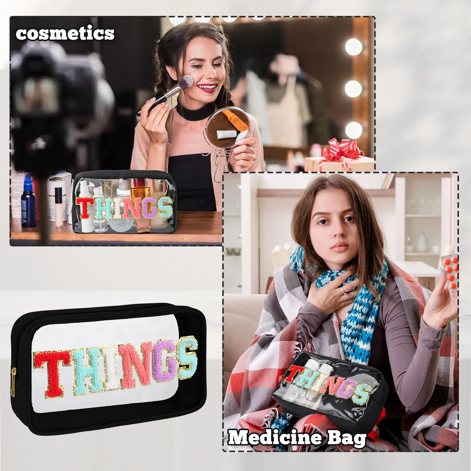Hillban 2 Pcs Medicine Bag Gifts Chenille Letter Bag Preppy Clear Makeup Meds Nylon Pouch Set PVC Transparent Mini First Aid Christmas Gift for Travel(Classic)