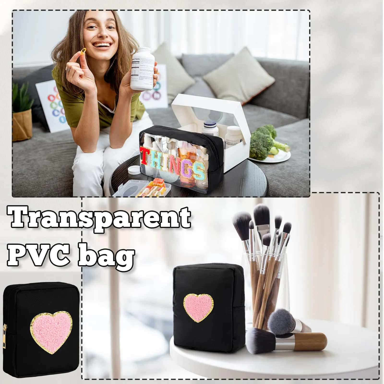 Hillban 2 Pcs Medicine Bag Gifts Chenille Letter Bag Preppy Clear Makeup Meds Nylon Pouch Set PVC Transparent Mini First Aid Christmas Gift for Travel(Classic)