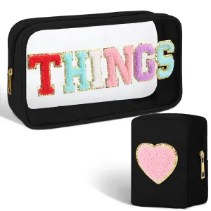 Hillban 2 Pcs Medicine Bag Gifts Chenille Letter Bag Preppy Clear Makeup Meds Nylon Pouch Set PVC Transparent Mini First Aid Christmas Gift for Travel(Classic)