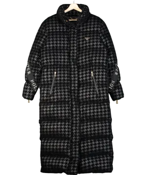 Holland Cooper Black Camden Mono Houndstooth Longline Down Filled Puffer Coat UK S