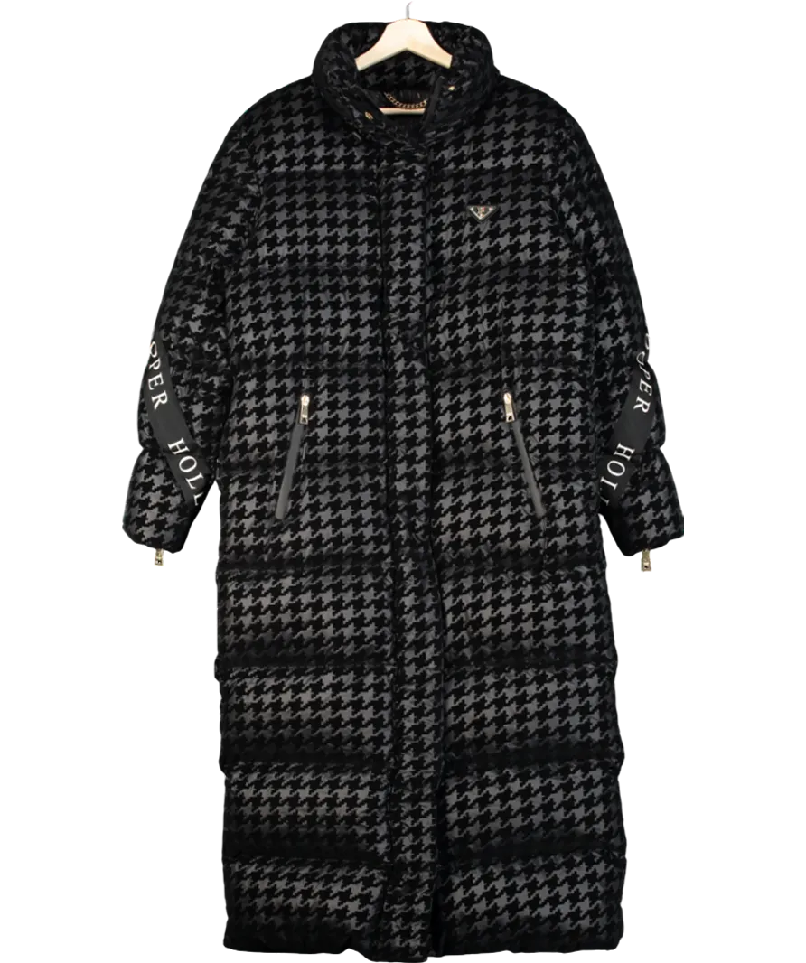 Holland Cooper Black Camden Mono Houndstooth Longline Down Filled Puffer Coat UK S
