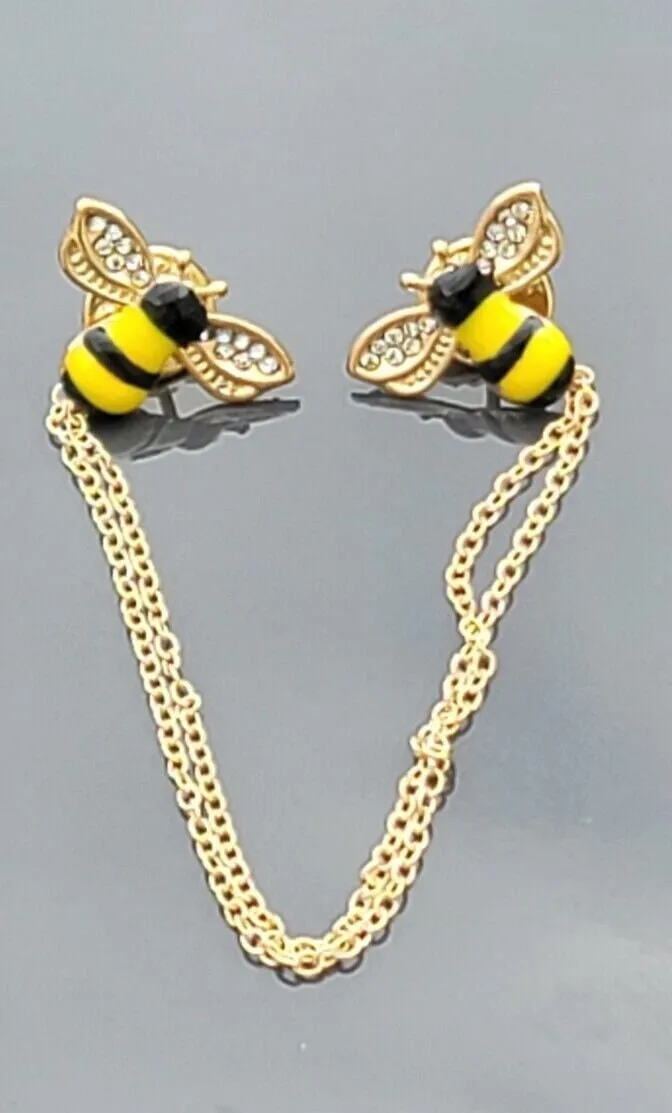 Honey bee collar cross chain brooch gold plated vintage look retro lapel pin k9