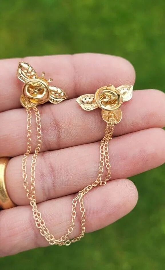 Honey bee collar cross chain brooch gold plated vintage look retro lapel pin k9