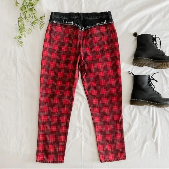 Hudson Bettie High Waisted Mixed-Media Plaid Tapered Jeans