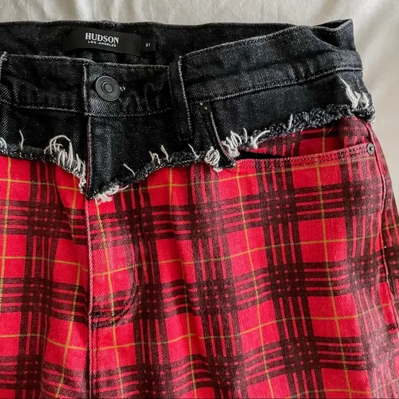 Hudson Bettie High Waisted Mixed-Media Plaid Tapered Jeans